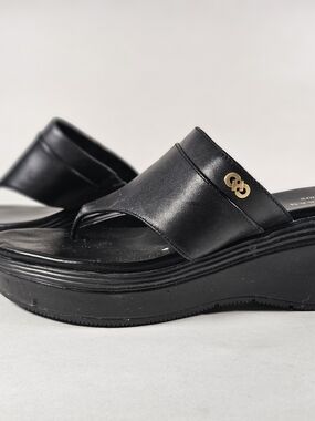Cole Haan Black Platform Thong Sandals with Gold Accent